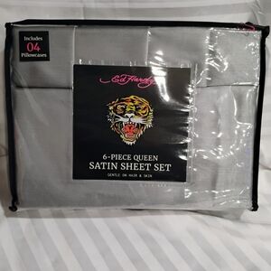 Ed Hardy Silver Satin Sheet Set - 6 Piece Queen